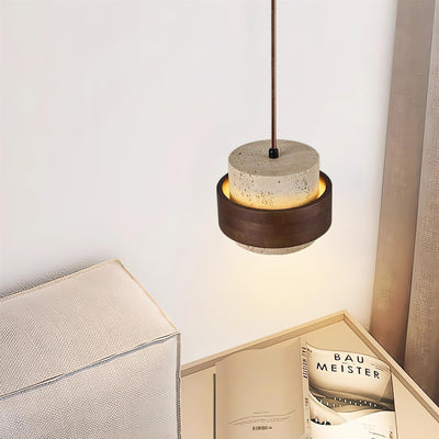 Aurelian Travertine Pendant Light with Walnut Wood Band OpalDwell