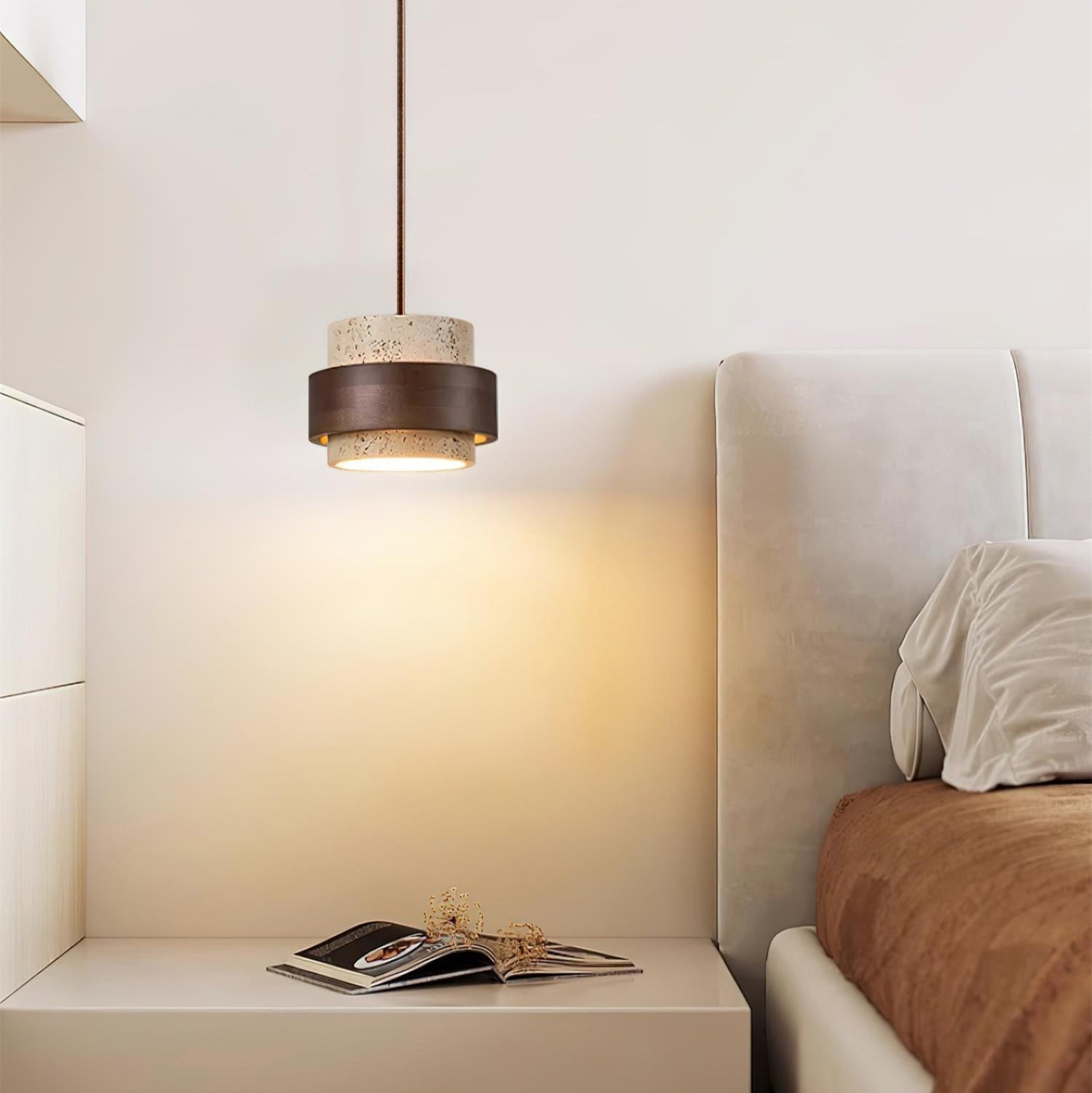 Aurelian Travertine Pendant Light with Walnut Wood Band OpalDwell