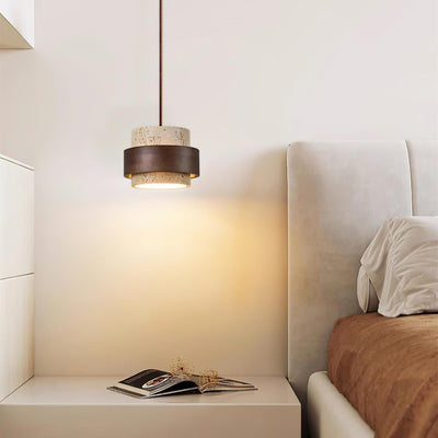 Aurelian Travertine Pendant Light with Walnut Wood Band OpalDwell