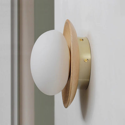 Aurelo White Wood Wall Light Sconce With Glass Accent - OpalDwell