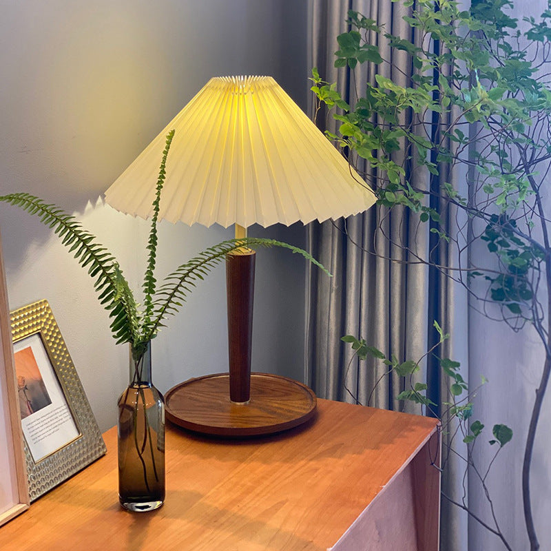 CedarGlow Retro Wood Table Lamp with Pleated Design - OpalDwell