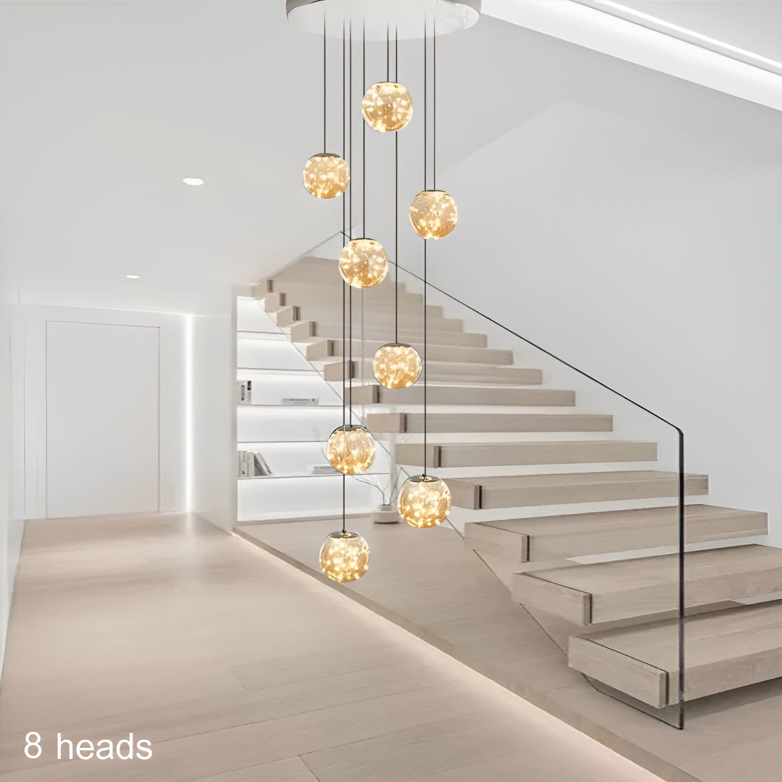 LuminaOrb Glass Orb Staircase Chandelier With Soft Ambient Glow - OpalDwell
