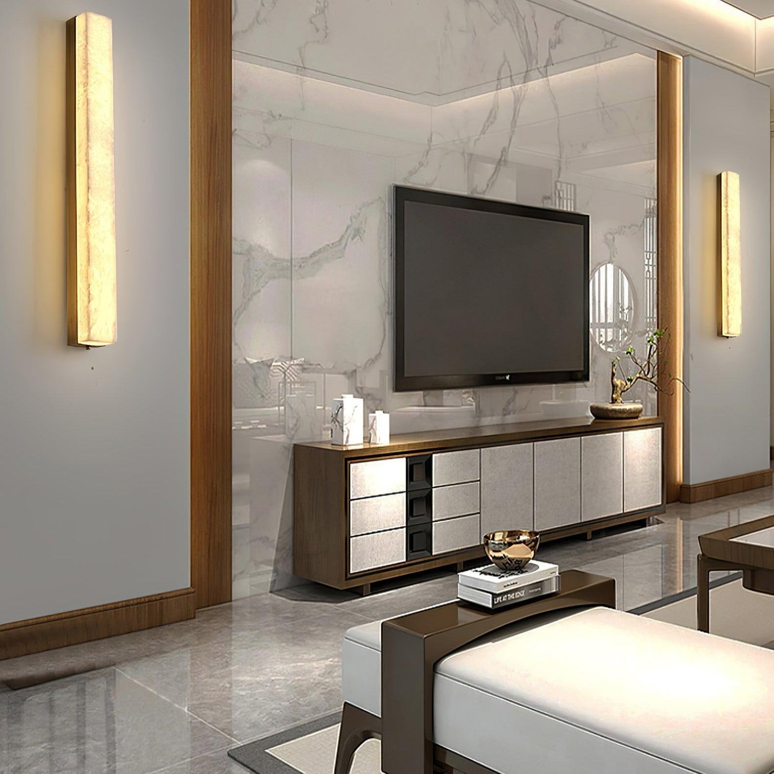 Lyra Brass Alabaster Wall Lamp Modern Vertical for Bedroom - OpalDwell