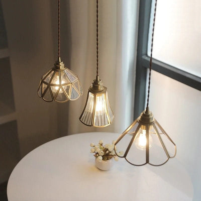 Mirelle Glass Blossom LED Pendant Lamp With Brass Frame, Vintage Style, Bulb Included - OpalDwell