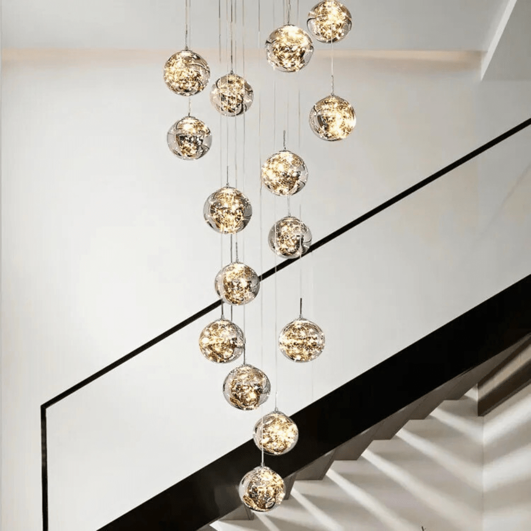LuminaOrb Glass Orb Staircase Chandelier With Soft Ambient Glow - OpalDwell