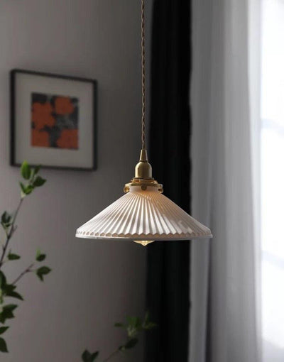 Pleated Hat-Shaped Japanese Ceramic Pendant Lamp With LED Bulb Included - OpalDwell
