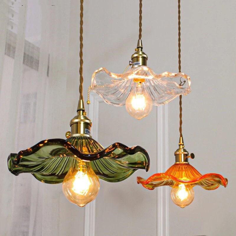Calista Glass Hibiscus Flower Pendant Light in Vintage Style, LED Bulb Included | OpalDwell - OpalDwell