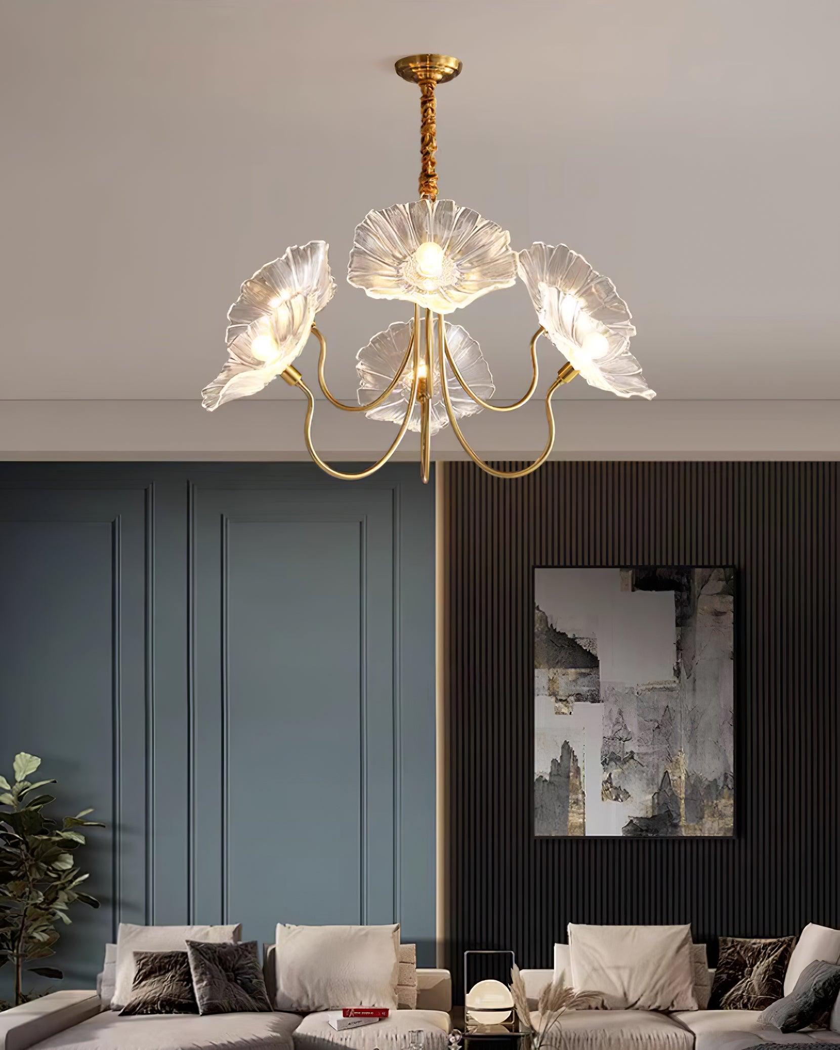 Lyria Glass Flower Chandelier With Frosted Leaf Bloom Light - OpalDwell