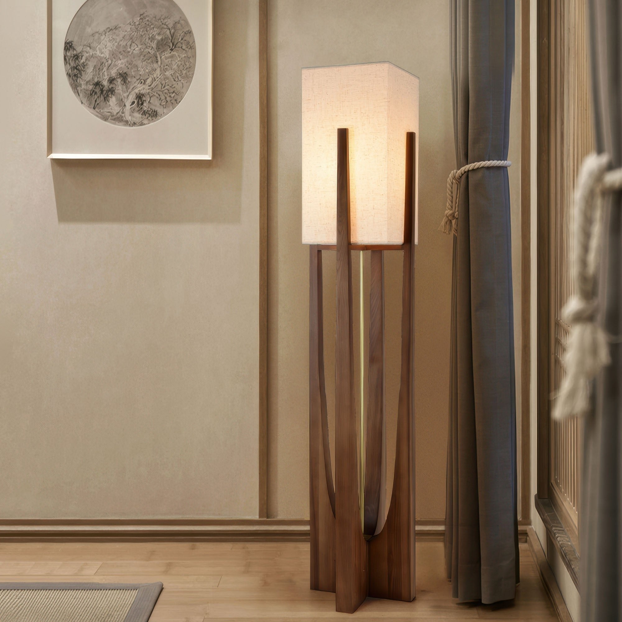 Caelum Solid Walnut Floor Lamp With Linen Shade for Living Rooms OpalDwell