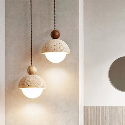 Lyra Travertine Dome Glass Pendant Light With Warm Wood - OpalDwell