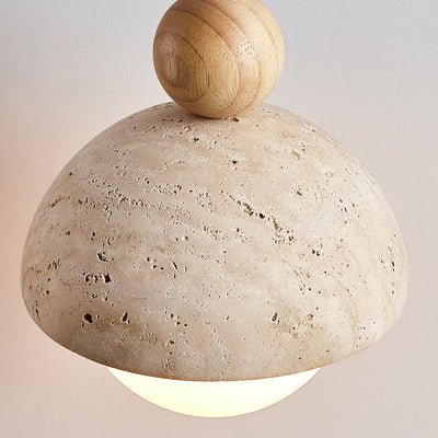 Lyra Travertine Dome Glass Pendant Light With Warm Wood - OpalDwell