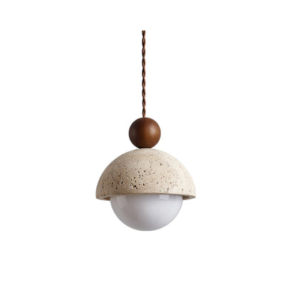 Lyra Travertine Dome Glass Pendant Light With Warm Wood - OpalDwell