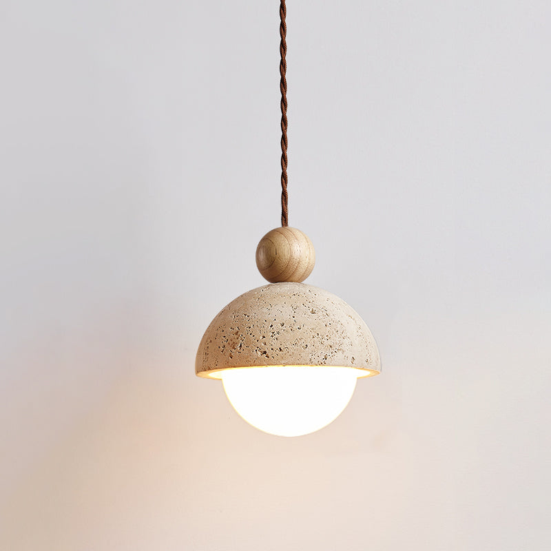 Lyra Travertine Dome Glass Pendant Light With Warm Wood - OpalDwell