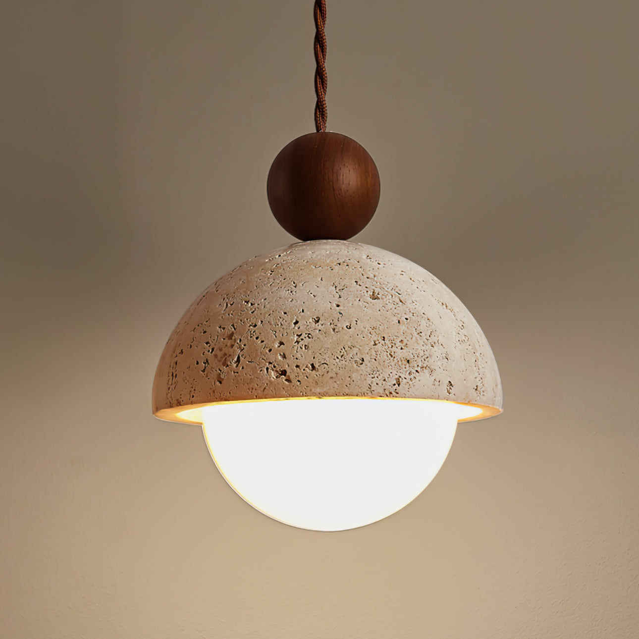 Lyra Travertine Dome Glass Pendant Light With Warm Wood - OpalDwell