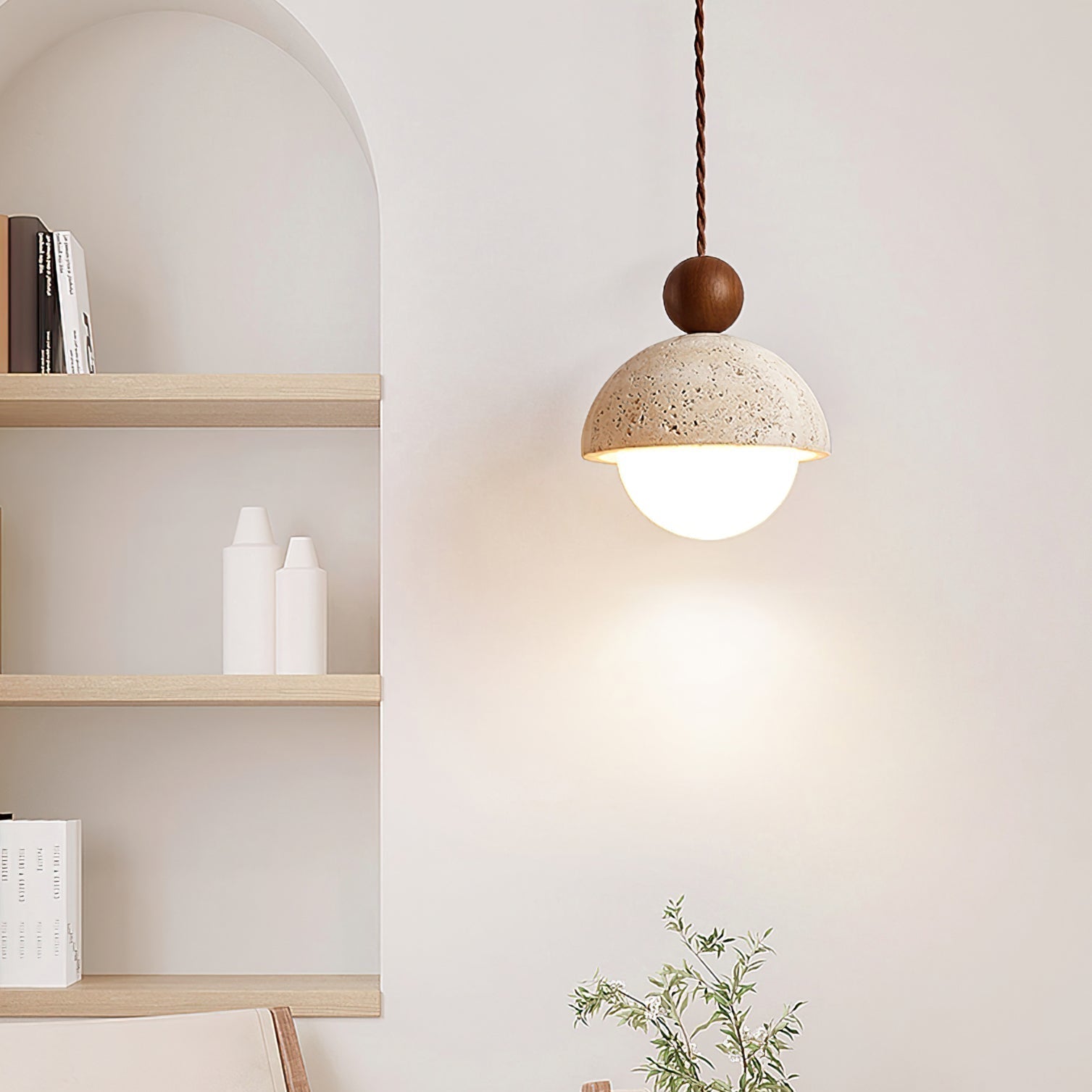 Lyra Travertine Dome Glass Pendant Light With Warm Wood - OpalDwell