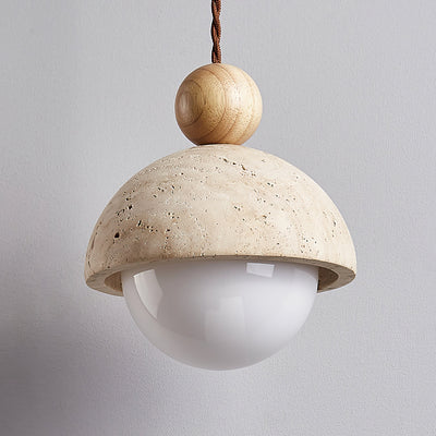 Lyra Travertine Dome Glass Pendant Light With Warm Wood - OpalDwell
