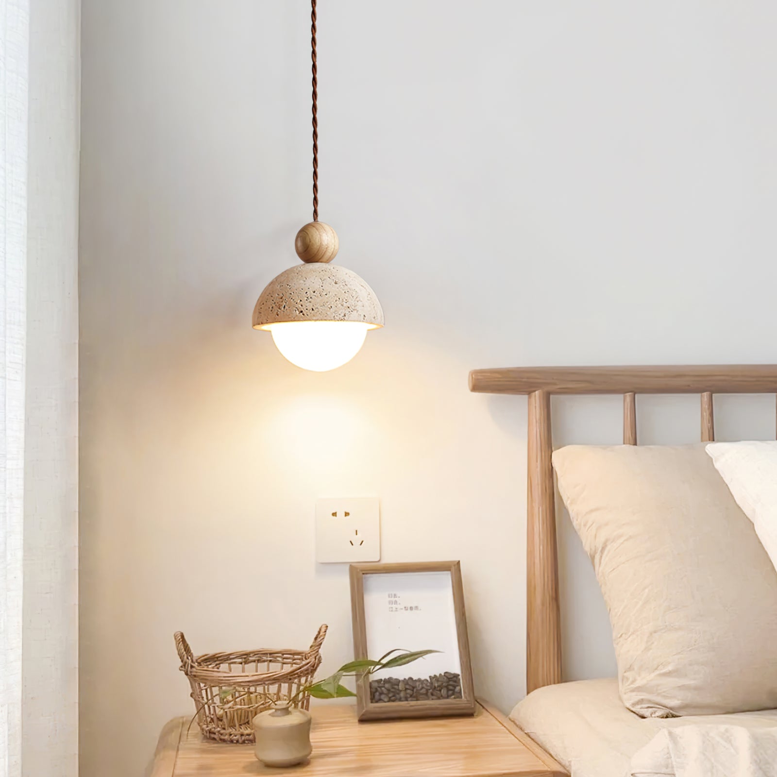 Lyra Travertine Dome Glass Pendant Light With Warm Wood - OpalDwell