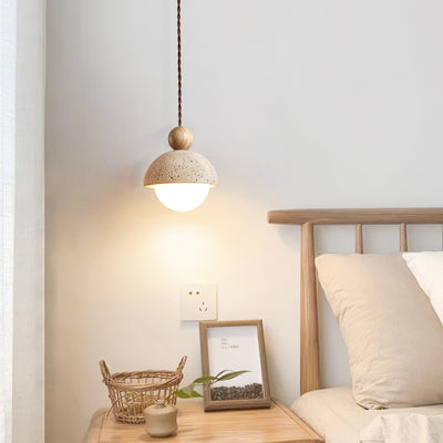 Lyra Travertine Dome Glass Pendant Light With Warm Wood - OpalDwell