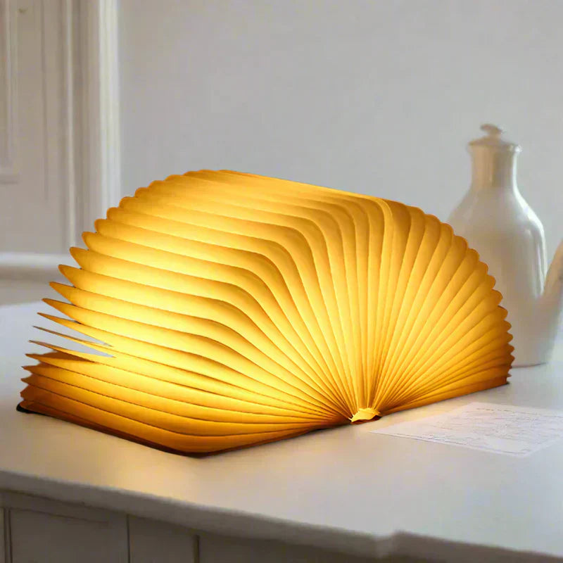 LumaLeaf Foldable Book Light for Bedside Reading Cordless LED Lamp in Wood Finish - OpalDwell