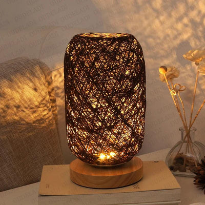 LioraRattan Table Lamp with Woven Rope Shade and Wood Base OpalDwell