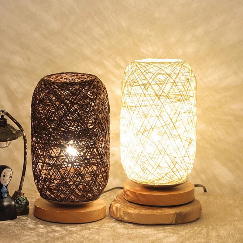 LioraRattan Table Lamp with Woven Rope Shade and Wood Base OpalDwell