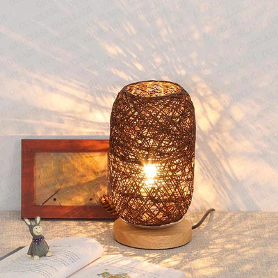 LioraRattan Table Lamp with Woven Rope Shade and Wood Base OpalDwell