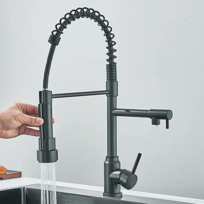 FluxSpout Dual Kitchen Mixer Tap With Spring Spout Finish - OpalDwell