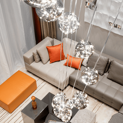 LuminaOrb Glass Orb Staircase Chandelier With Soft Ambient Glow - OpalDwell