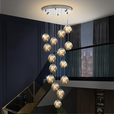 LuminaOrb Glass Orb Staircase Chandelier With Soft Ambient Glow - OpalDwell