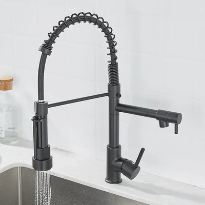 Verrova Dual Spout Kitchen Faucet In Black And Gold Finish OpalDwell