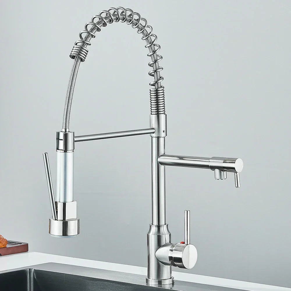 FluxSpout Dual Kitchen Mixer Tap With Spring Spout Finish - OpalDwell