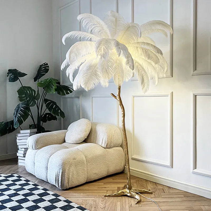 Aurelle Ostrich Feather Floor Lamp in Brass Copper Finish OpalDwell