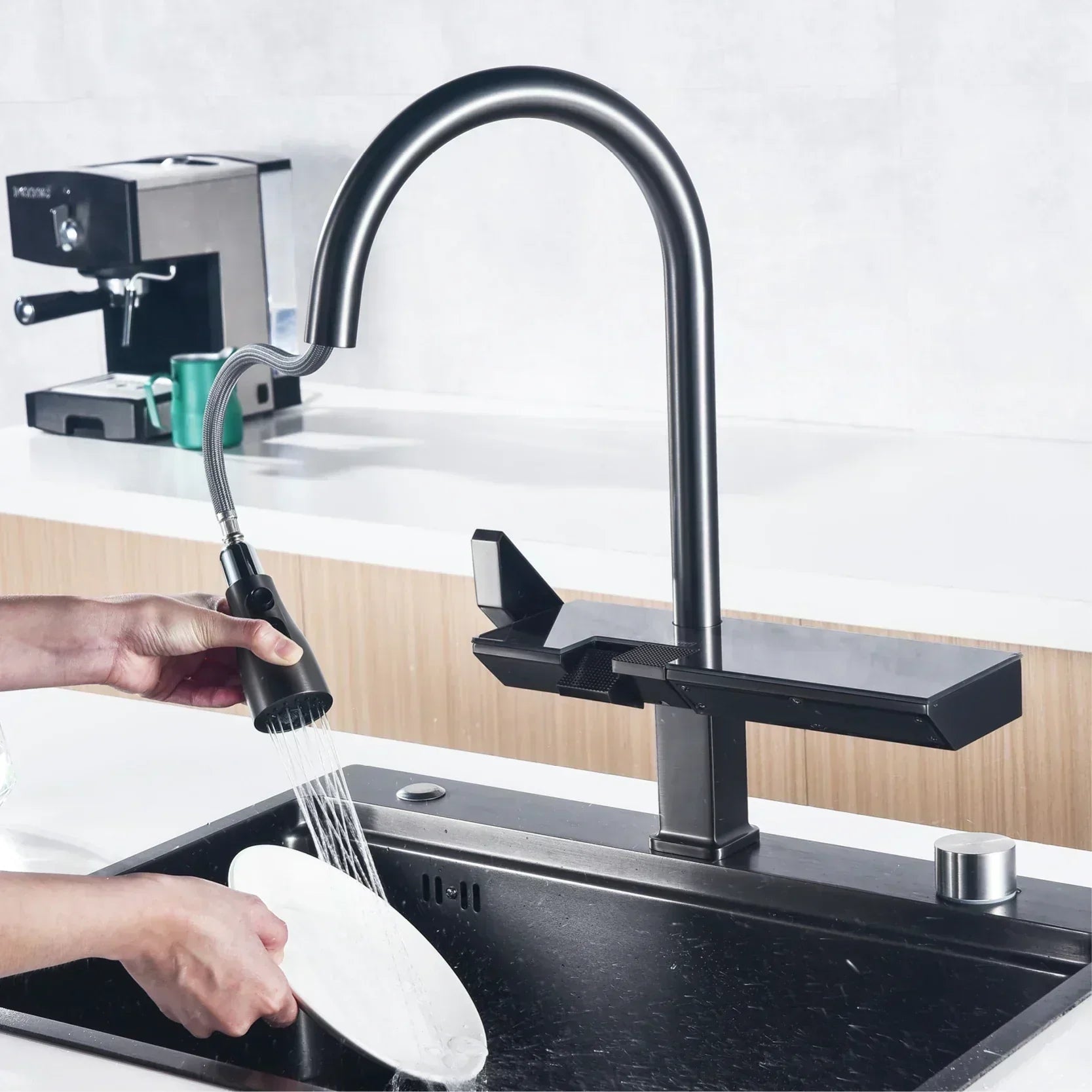 Ravelle Digital Kitchen Faucet in Black and Rose Gold OpalDwell
