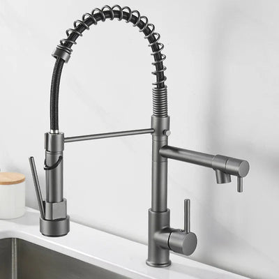 LumaFlow Dual Spout Kitchen Faucet In Black And Gold OpalDwell