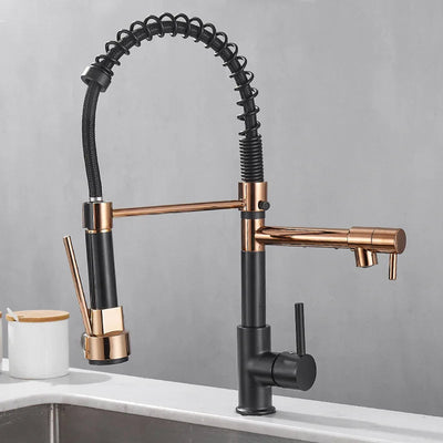 Verrova Dual Spout Kitchen Faucet In Black And Gold Finish OpalDwell