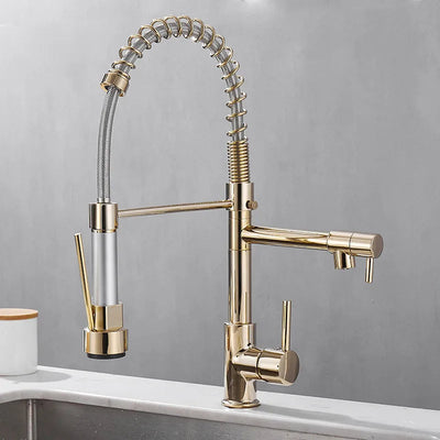 Verrova Dual Spout Kitchen Faucet In Black And Gold Finish OpalDwell