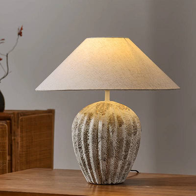 Earthy Ceramic Table Lamp With Linen Shade, Large Bedside Lighting - OpalDwell