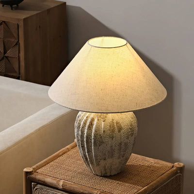 Earthy Ceramic Table Lamp With Linen Shade, Large Bedside Lighting - OpalDwell