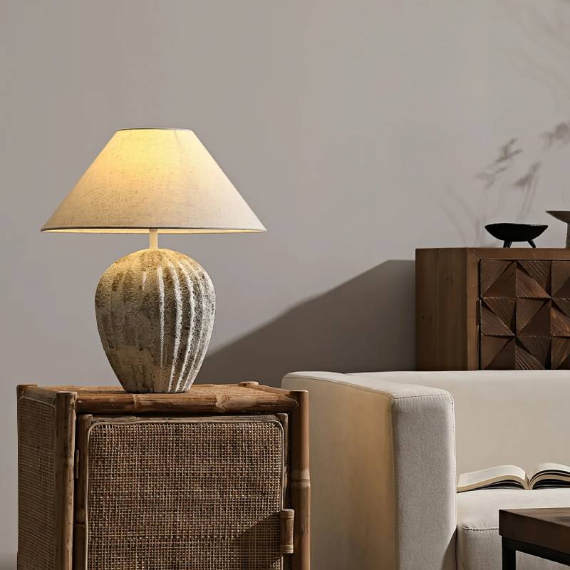 Earthy Ceramic Table Lamp With Linen Shade, Large Bedside Lighting - OpalDwell
