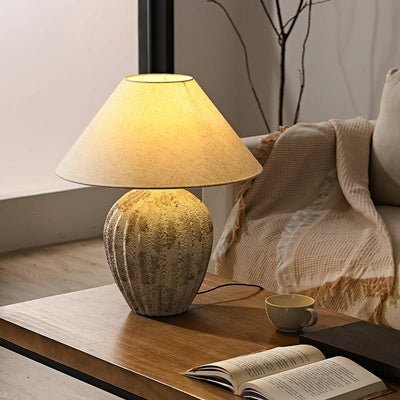 Earthy Ceramic Table Lamp With Linen Shade, Large Bedside Lighting - OpalDwell