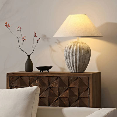 Earthy Ceramic Table Lamp With Linen Shade, Large Bedside Lighting - OpalDwell