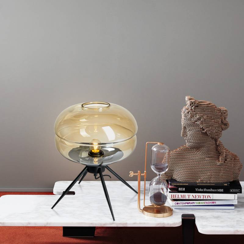 Lyra Smoked Glass Table Lamp With Modern Tripod Design - OpalDwell