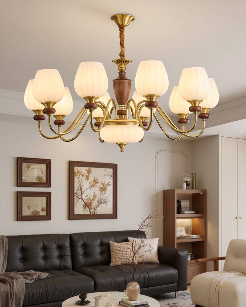 Classic Chandelier in Gold and Walnut for Living Room Ceiling Light OpalDwell