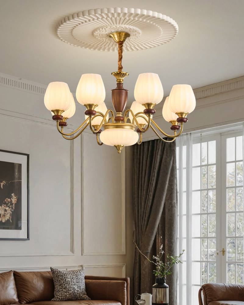 Classic Chandelier in Gold and Walnut for Living Room Ceiling Light OpalDwell