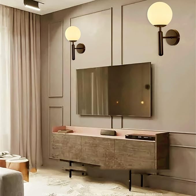 Kestrel Upright Milky Glass Ball LED Wall Sconce in Brushed Brass Finish, Mid-Century Modern Style - OpalDwell