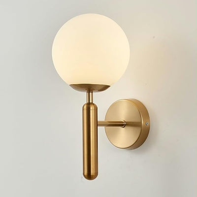 Kestrel Upright Milky Glass Ball LED Wall Sconce in Brushed Brass Finish, Mid-Century Modern Style - OpalDwell