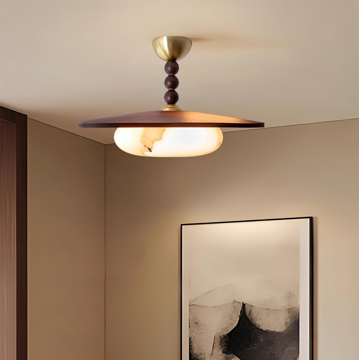 Liora Walnut White Alabaster Ceiling Light With Wood Shade - OpalDwell