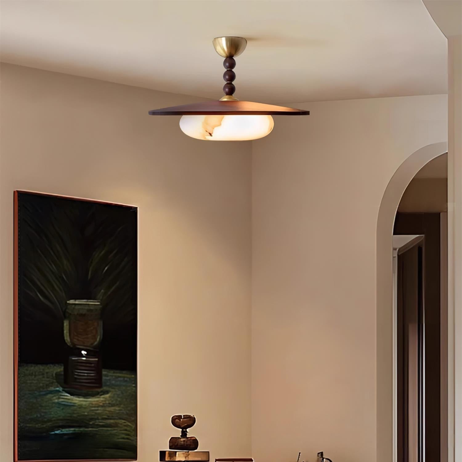 Liora Walnut White Alabaster Ceiling Light With Wood Shade - OpalDwell