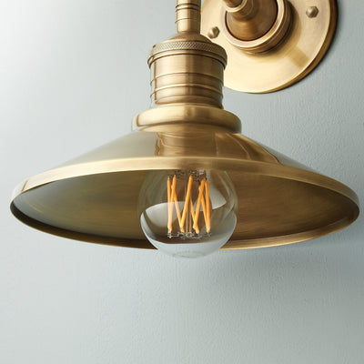 Lyra Antique Brass Wall Lamp With Cone Shade Exposed Bulb - OpalDwell