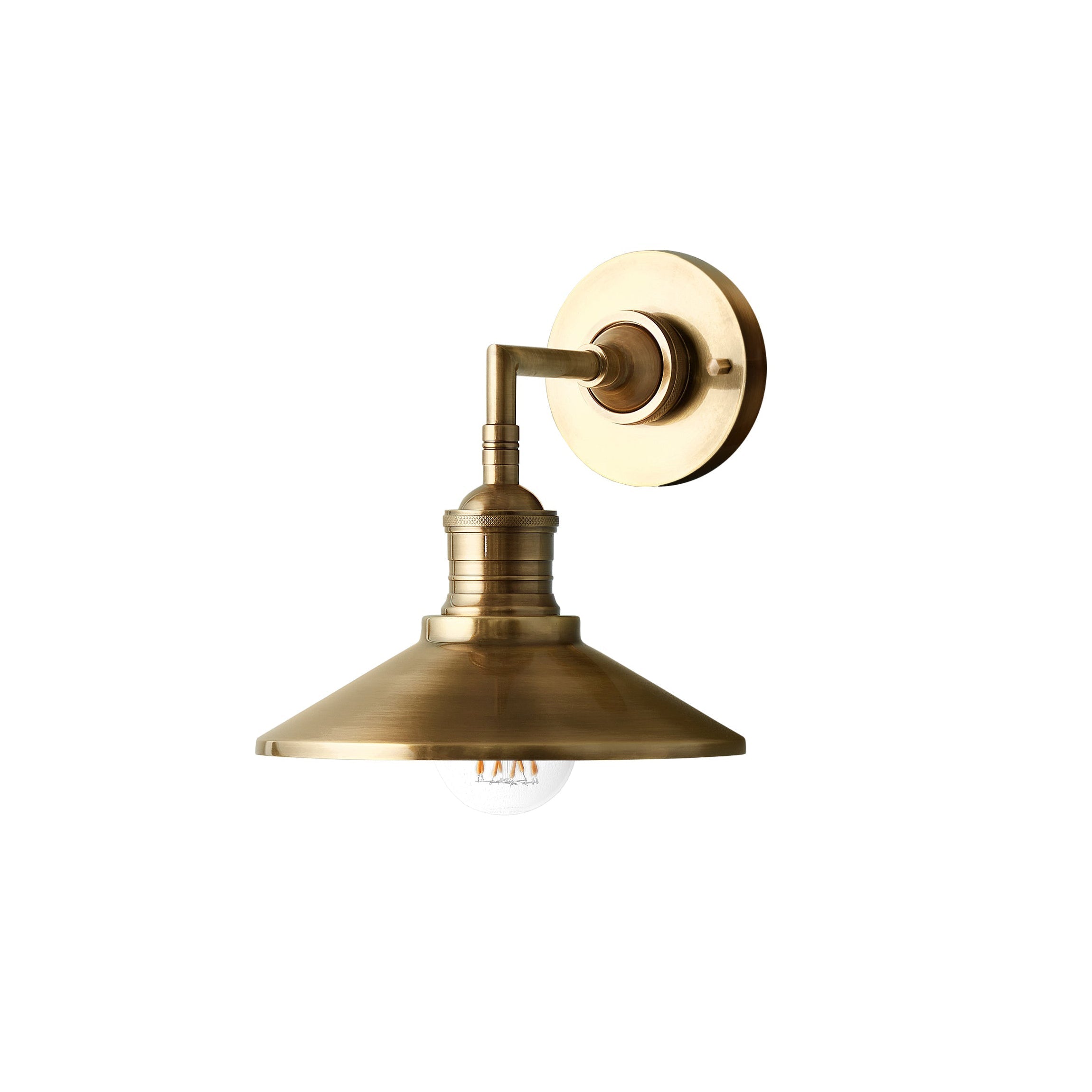 Lyra Antique Brass Wall Lamp With Cone Shade Exposed Bulb - OpalDwell